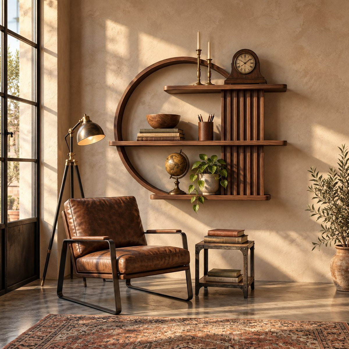 Ring Frame Japandi Display Shelf, Solid Wood Open Circle Wall Shelf with Fluted Column and Three Shelves