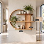Ring Frame Japandi Display Shelf, Solid Wood Open Circle Wall Shelf with Fluted Column and Three Shelves