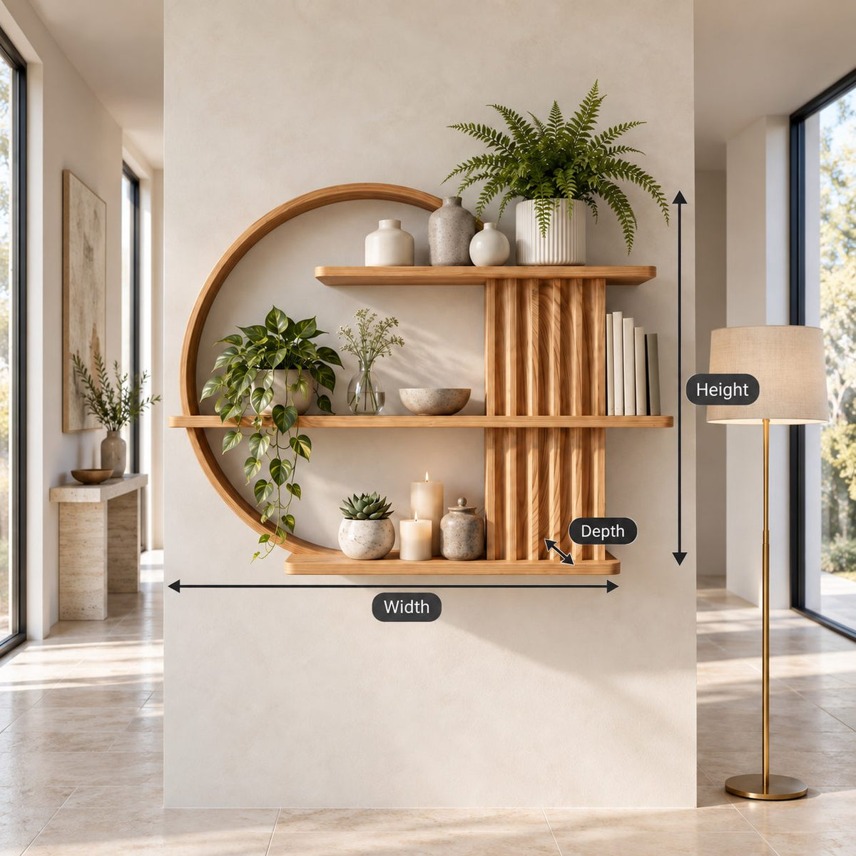 Ring Frame Japandi Display Shelf, Solid Wood Open Circle Wall Shelf with Fluted Column and Three Shelves