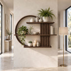 Ring Frame Japandi Display Shelf, Solid Wood Open Circle Wall Shelf with Fluted Column and Three Shelves