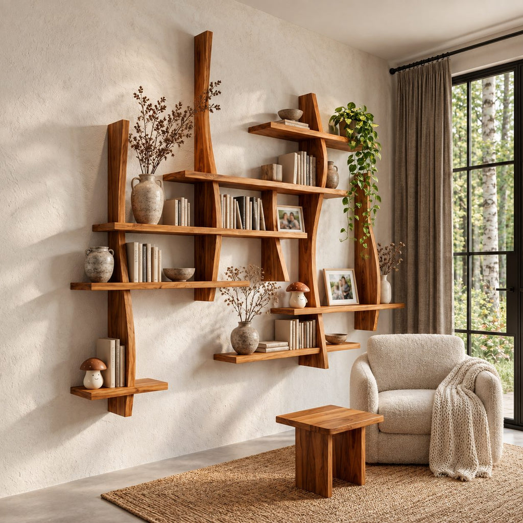 Asymmetric Live Edge Floating Bookshelf, Large Solid Wood Wall Bookshelf with Layered Shelves