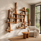 Asymmetric Live Edge Floating Bookshelf, Large Solid Wood Wall Bookshelf with Layered Shelves