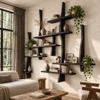 Asymmetric Live Edge Floating Bookshelf, Large Solid Wood Wall Bookshelf with Layered Shelves