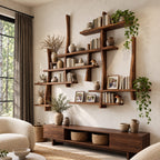 Asymmetric Live Edge Floating Bookshelf, Large Solid Wood Wall Bookshelf with Layered Shelves