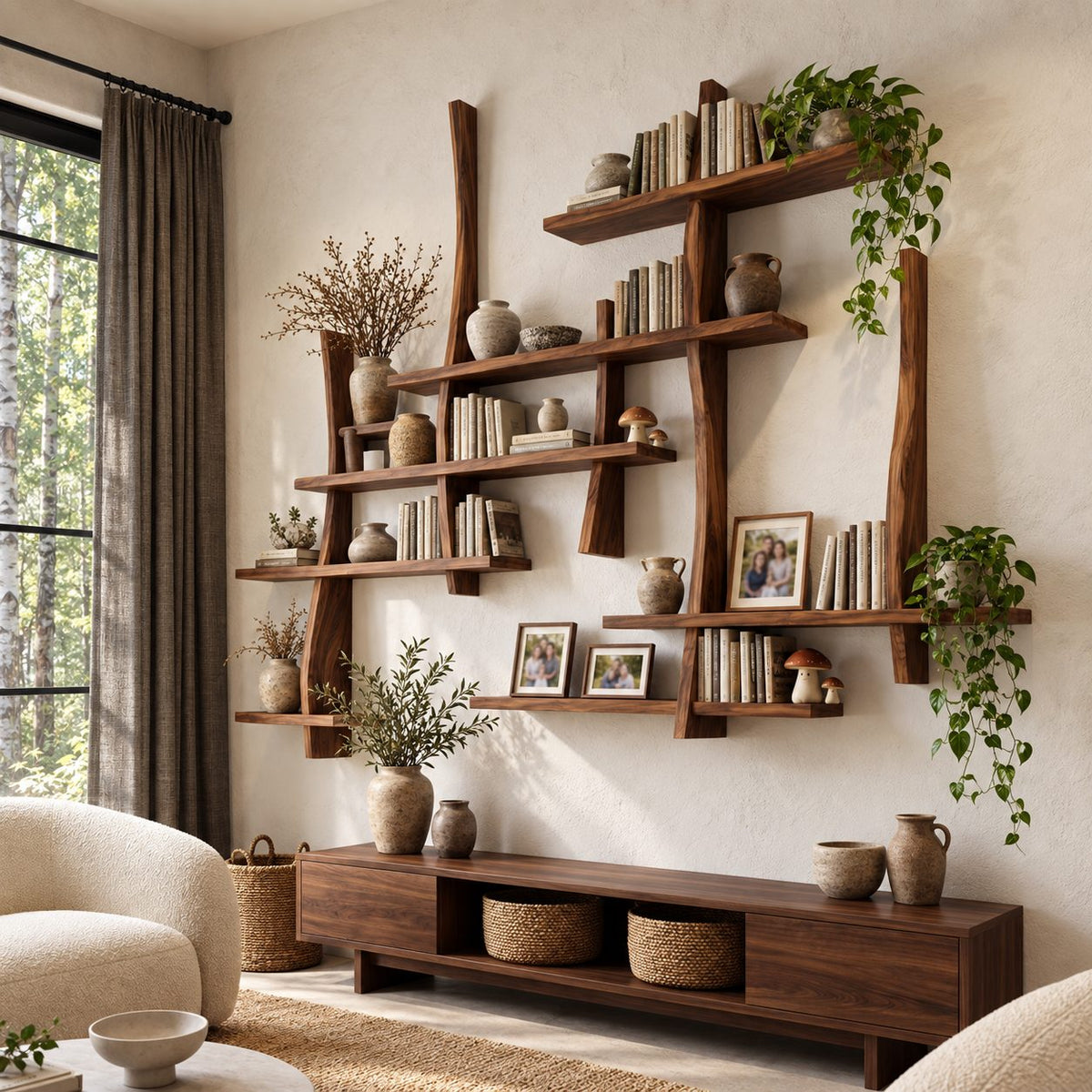 Asymmetric Live Edge Floating Bookshelf, Large Solid Wood Wall Bookshelf with Layered Shelves