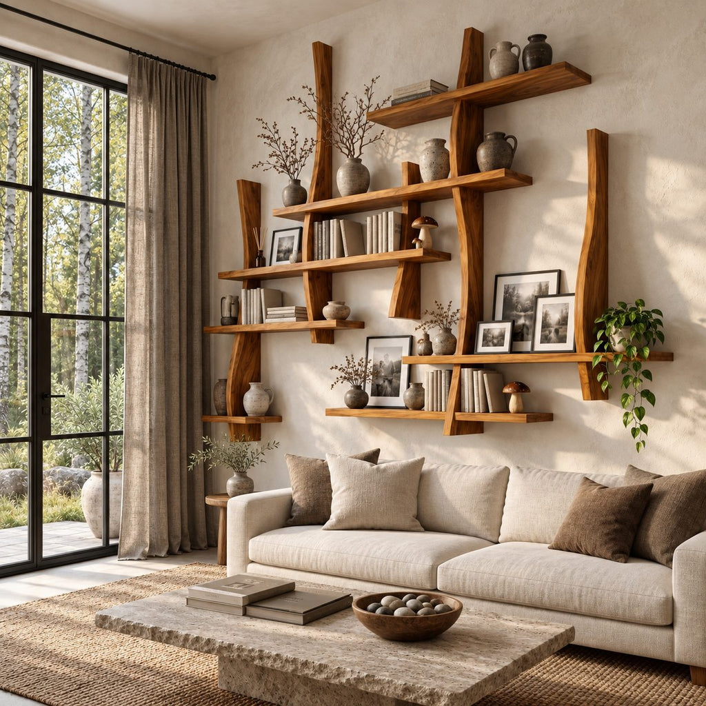 Asymmetric Live Edge Floating Bookshelf, Large Solid Wood Wall Bookshelf with Layered Shelves