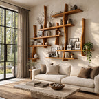 Asymmetric Live Edge Floating Bookshelf, Large Solid Wood Wall Bookshelf with Layered Shelves