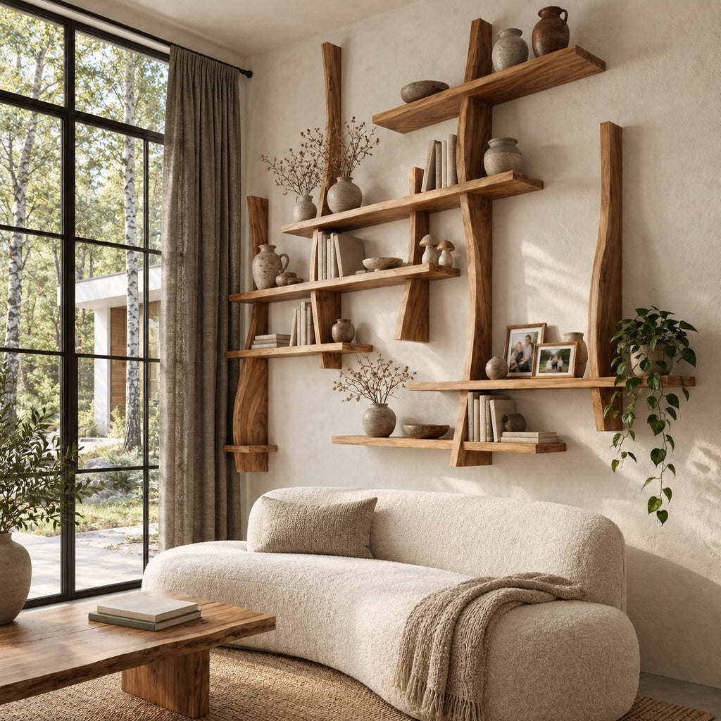 Asymmetric Live Edge Floating Bookshelf, Large Solid Wood Wall Bookshelf with Layered Shelves