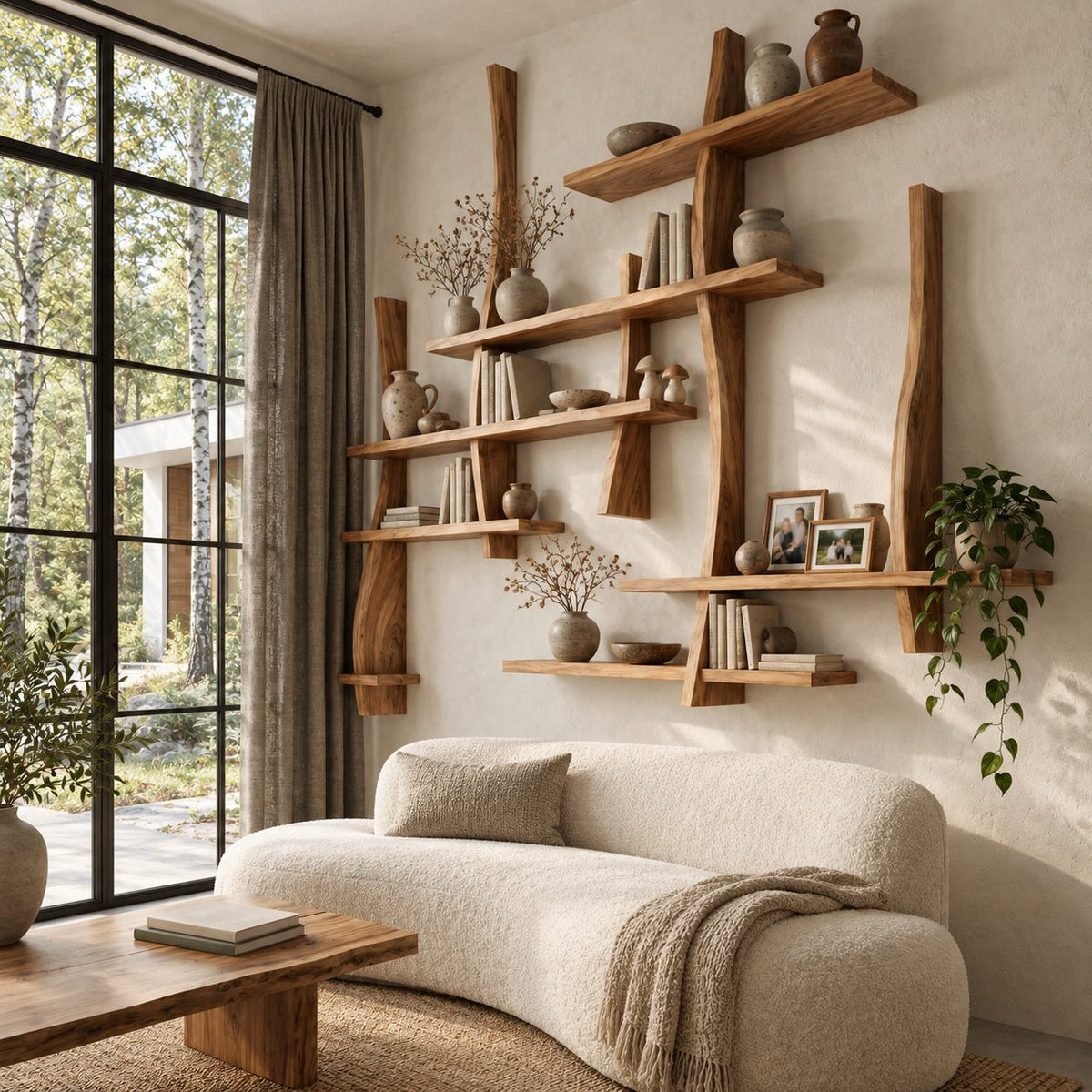Asymmetric Live Edge Floating Bookshelf, Large Solid Wood Wall Bookshelf with Layered Shelves