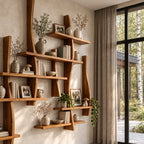 Asymmetric Live Edge Floating Bookshelf, Large Solid Wood Wall Bookshelf with Layered Shelves
