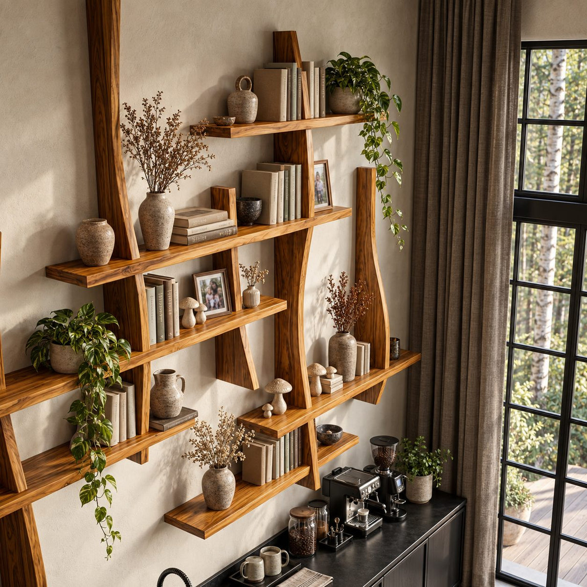 Asymmetric Live Edge Floating Bookshelf, Large Solid Wood Wall Bookshelf with Layered Shelves