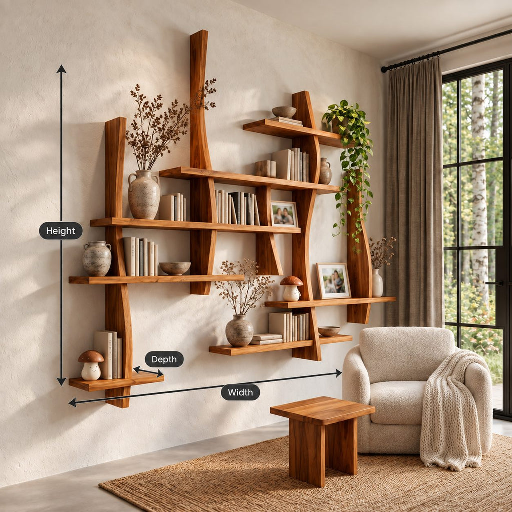 Asymmetric Live Edge Floating Bookshelf, Large Solid Wood Wall Bookshelf with Layered Shelves