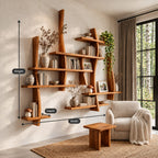 Asymmetric Live Edge Floating Bookshelf, Large Solid Wood Wall Bookshelf with Layered Shelves