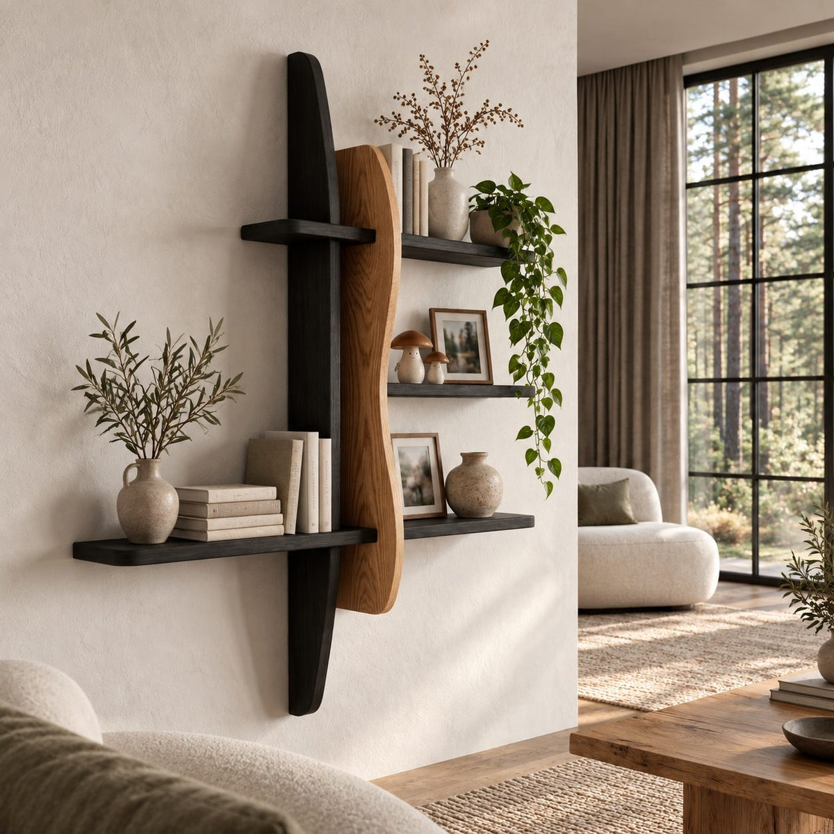Two Post Wall Bookshelf, Modern Solid Wood Floating Shelves with Wavy Live Edge Panel