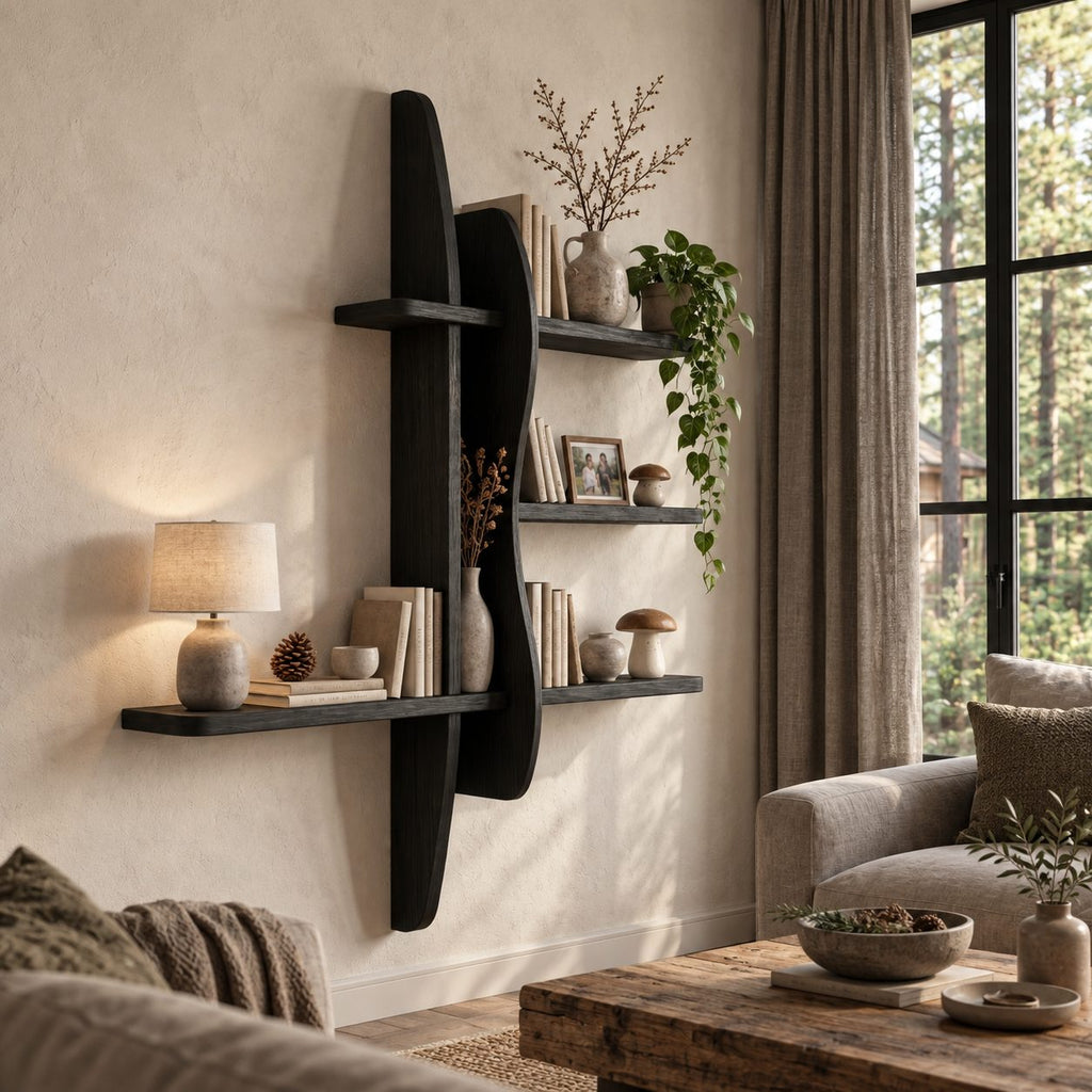 Two Post Wall Bookshelf, Modern Solid Wood Floating Shelves with Wavy Live Edge Panel