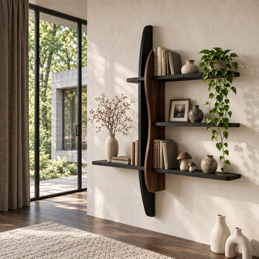 Two Post Wall Bookshelf, Modern Solid Wood Floating Shelves with Wavy Live Edge Panel