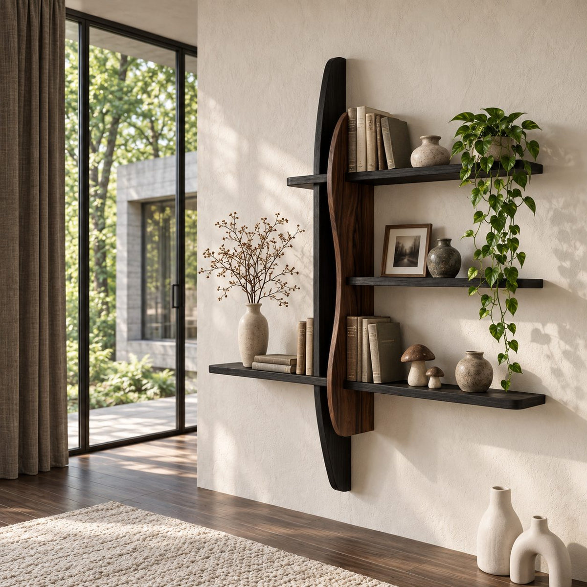 Two Post Wall Bookshelf, Modern Solid Wood Floating Shelves with Wavy Live Edge Panel