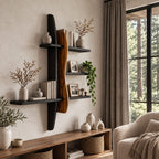 Two Post Wall Bookshelf, Modern Solid Wood Floating Shelves with Wavy Live Edge Panel