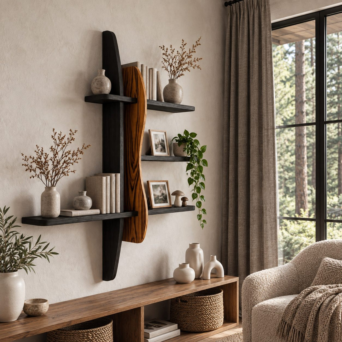 Two Post Wall Bookshelf, Modern Solid Wood Floating Shelves with Wavy Live Edge Panel