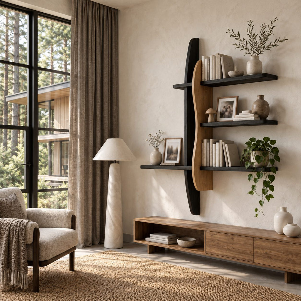 Two Post Wall Bookshelf, Modern Solid Wood Floating Shelves with Wavy Live Edge Panel