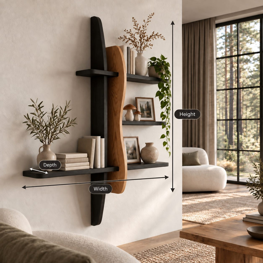 Two Post Wall Bookshelf, Modern Solid Wood Floating Shelves with Wavy Live Edge Panel
