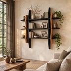 Sculptural Frame Display Shelf, Solid Wood Wall Bookshelf with Wavy Side Panels and Three Open Tiers