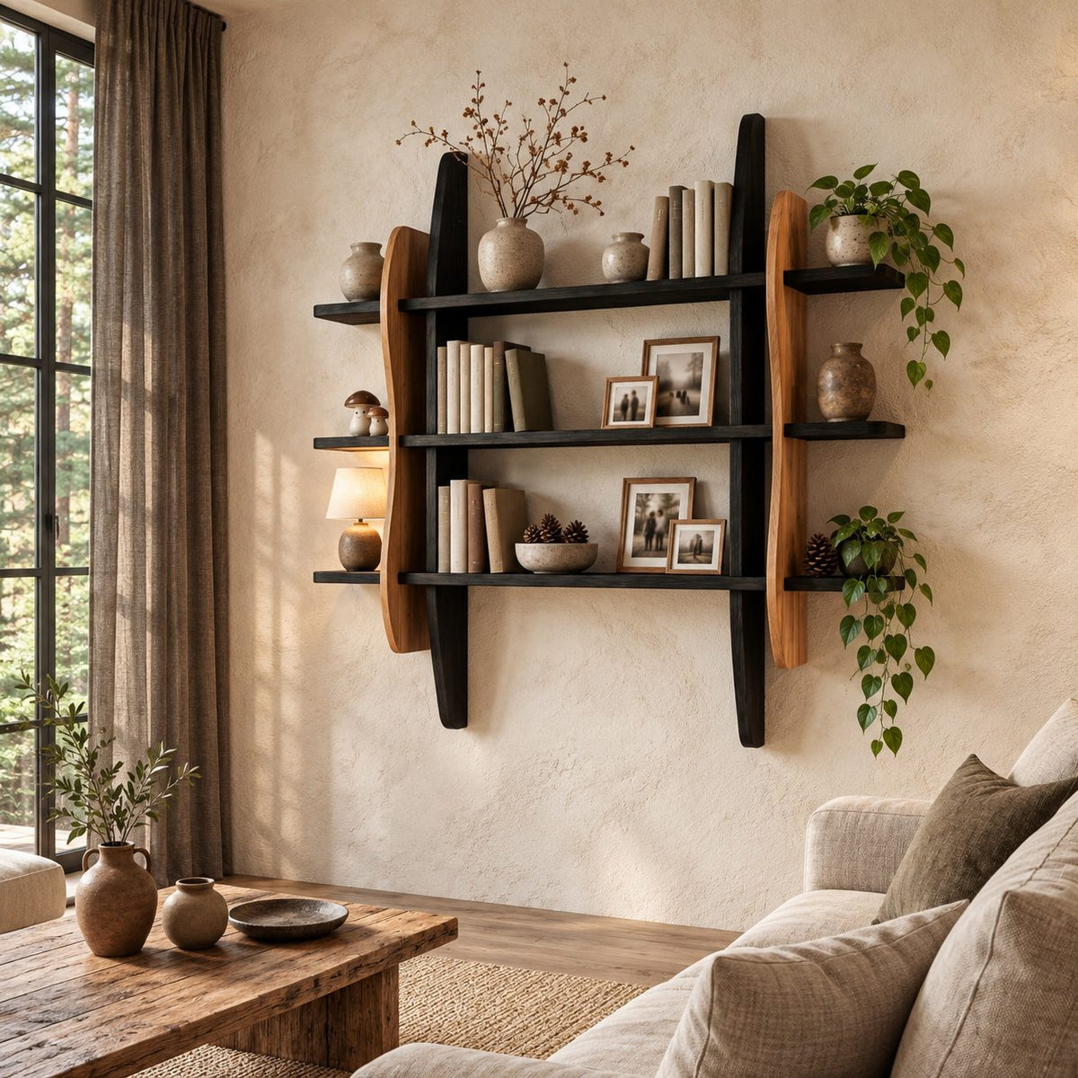 Sculptural Frame Display Shelf, Solid Wood Wall Bookshelf with Wavy Side Panels and Three Open Tiers