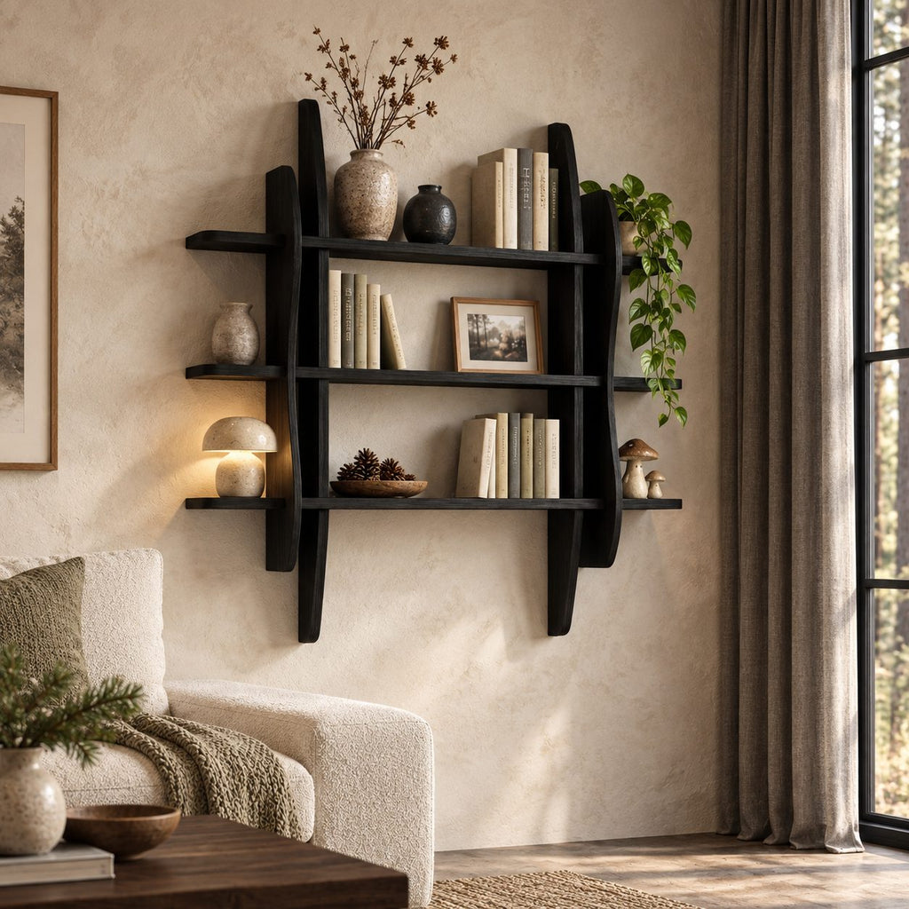 Sculptural Frame Display Shelf, Solid Wood Wall Bookshelf with Wavy Side Panels and Three Open Tiers