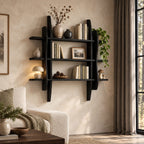 Sculptural Frame Display Shelf, Solid Wood Wall Bookshelf with Wavy Side Panels and Three Open Tiers