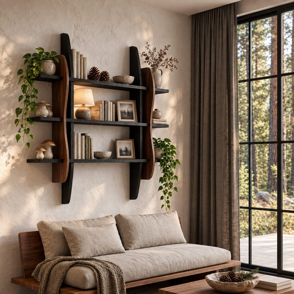Sculptural Frame Display Shelf, Solid Wood Wall Bookshelf with Wavy Side Panels and Three Open Tiers
