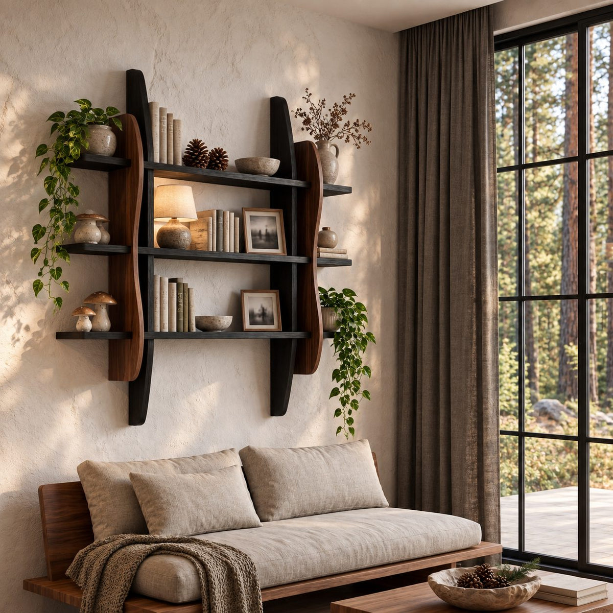 Sculptural Frame Display Shelf, Solid Wood Wall Bookshelf with Wavy Side Panels and Three Open Tiers