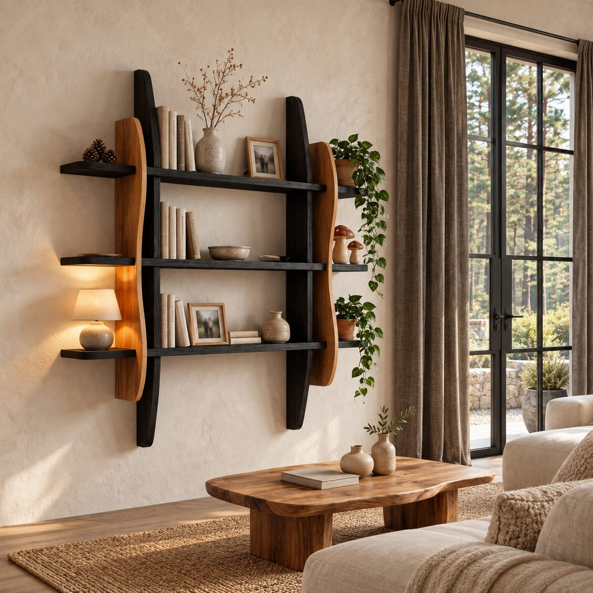 Sculptural Frame Display Shelf, Solid Wood Wall Bookshelf with Wavy Side Panels and Three Open Tiers