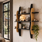 Sculptural Frame Display Shelf, Solid Wood Wall Bookshelf with Wavy Side Panels and Three Open Tiers