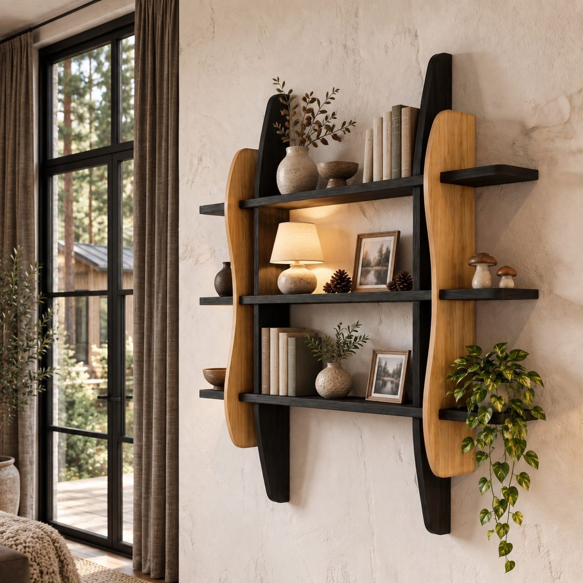 Sculptural Frame Display Shelf, Solid Wood Wall Bookshelf with Wavy Side Panels and Three Open Tiers