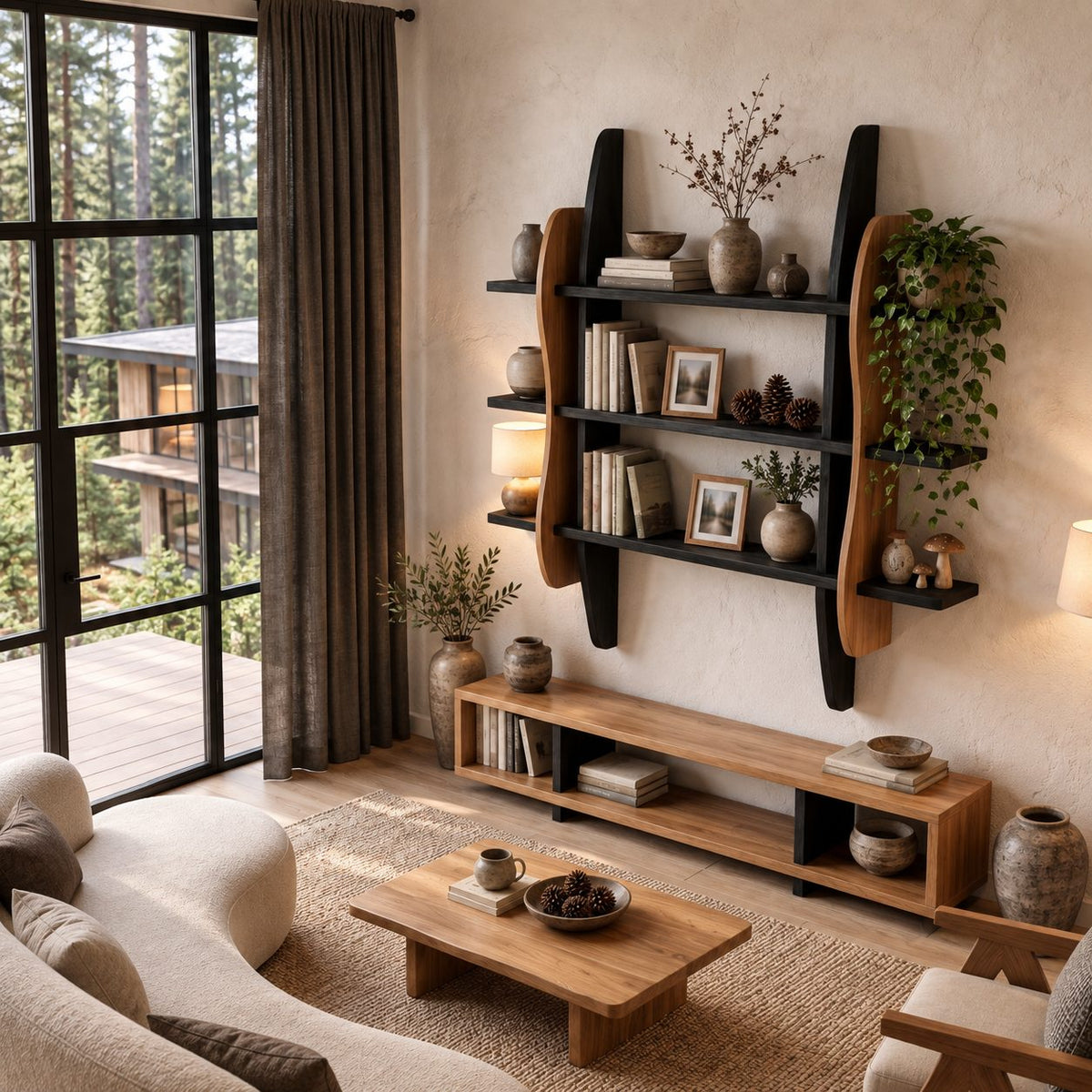 Sculptural Frame Display Shelf, Solid Wood Wall Bookshelf with Wavy Side Panels and Three Open Tiers