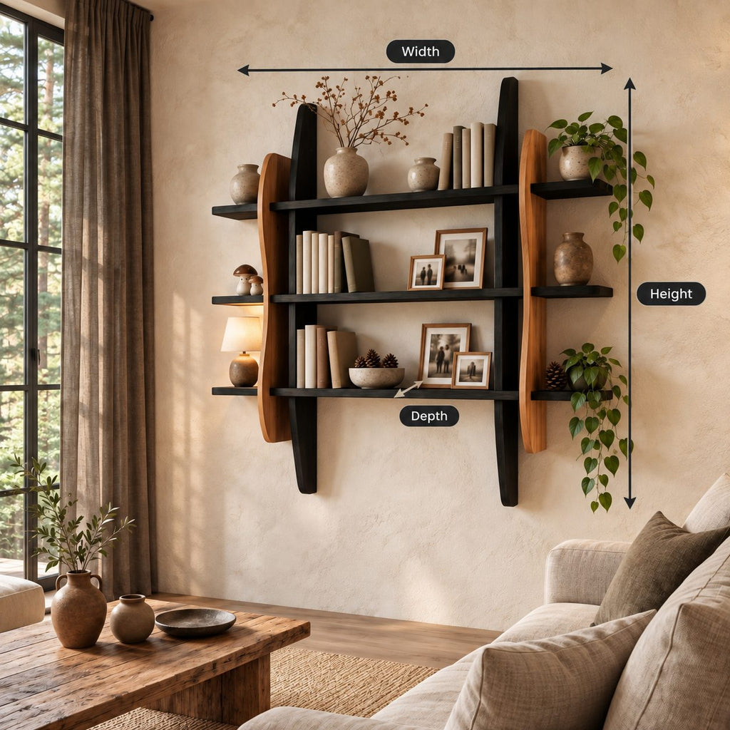 Sculptural Frame Display Shelf, Solid Wood Wall Bookshelf with Wavy Side Panels and Three Open Tiers