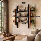 Sculptural Frame Display Shelf, Solid Wood Wall Bookshelf with Wavy Side Panels and Three Open Tiers