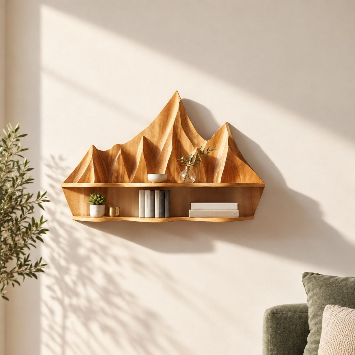 Mountain Relief Floating Shelf, Carved Solid Wood Wall Shelf with Mountain Peak Backboard