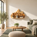 Mountain Relief Floating Shelf, Carved Solid Wood Wall Shelf with Mountain Peak Backboard
