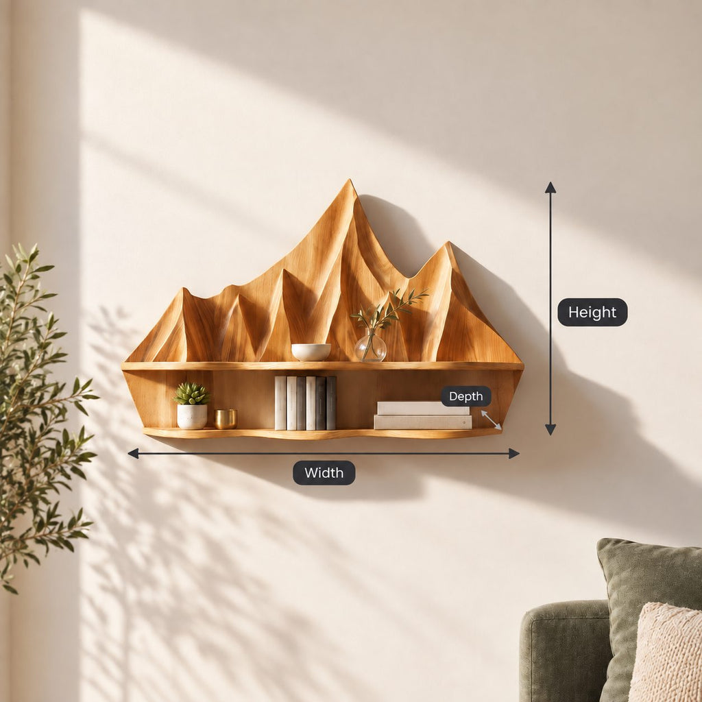 Mountain Relief Floating Shelf, Carved Solid Wood Wall Shelf with Mountain Peak Backboard
