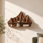 Mountain Relief Floating Shelf, Carved Solid Wood Wall Shelf with Mountain Peak Backboard