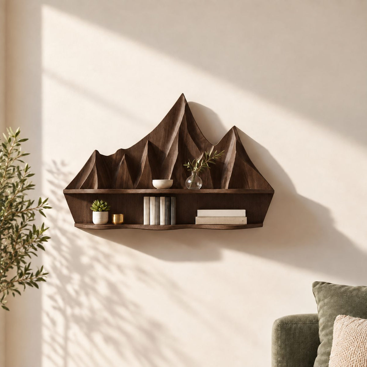 Mountain Relief Floating Shelf, Carved Solid Wood Wall Shelf with Mountain Peak Backboard