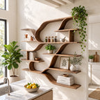 Sweeping Curve Floating Wood Shelves, Farmhouse Solid Wood Multi Tier Wall Shelving Unit for Kitchen