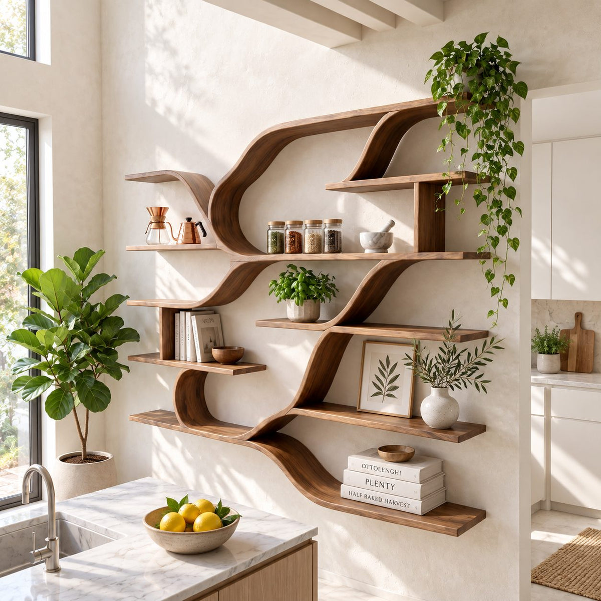 Sweeping Curve Floating Wood Shelves, Farmhouse Solid Wood Multi Tier Wall Shelving Unit for Kitchen