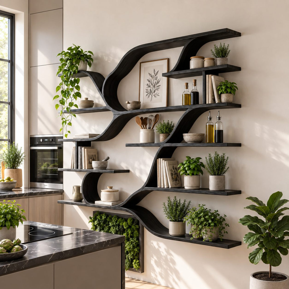 Sweeping Curve Floating Wood Shelves, Farmhouse Solid Wood Multi Tier Wall Shelving Unit for Kitchen