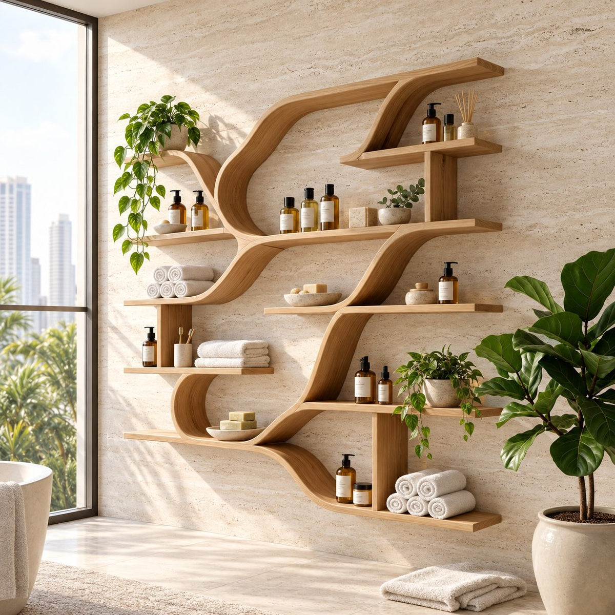 Sweeping Curve Floating Wood Shelves, Farmhouse Solid Wood Multi Tier Wall Shelving Unit for Kitchen