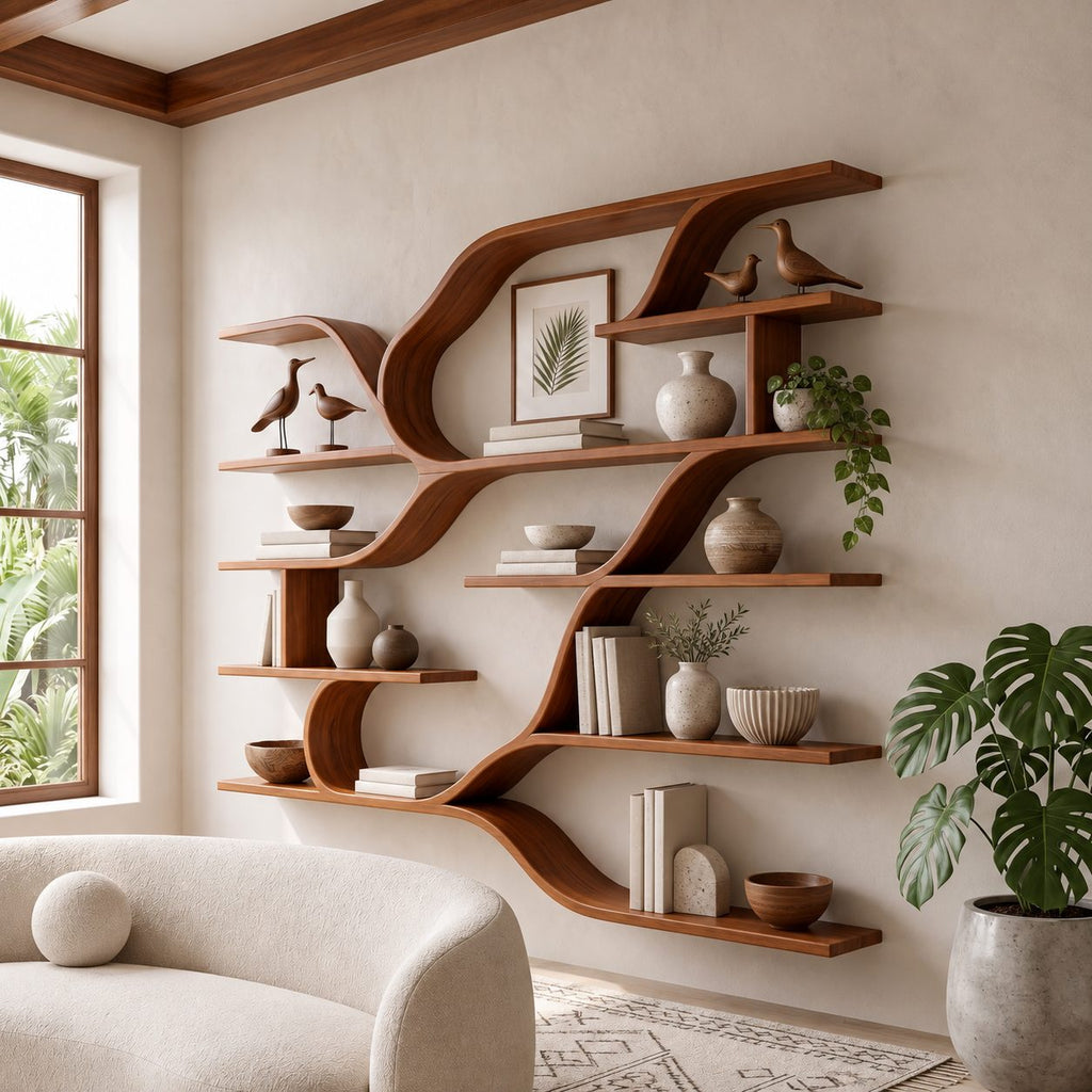 Sweeping Curve Floating Wood Shelves, Farmhouse Solid Wood Multi Tier Wall Shelving Unit for Kitchen