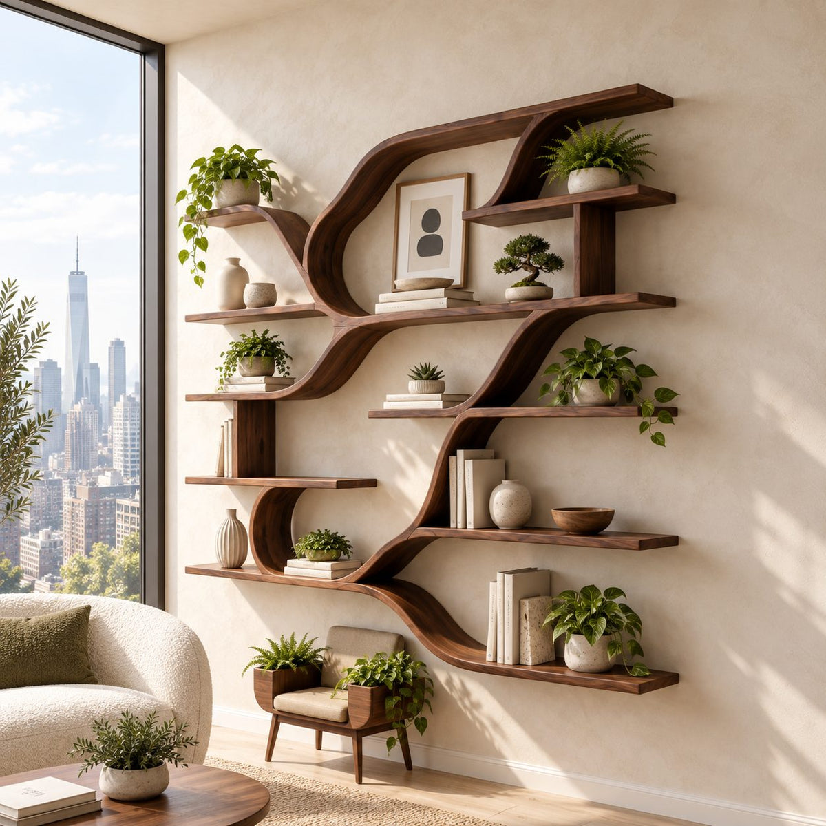 Sweeping Curve Floating Wood Shelves, Farmhouse Solid Wood Multi Tier Wall Shelving Unit for Kitchen