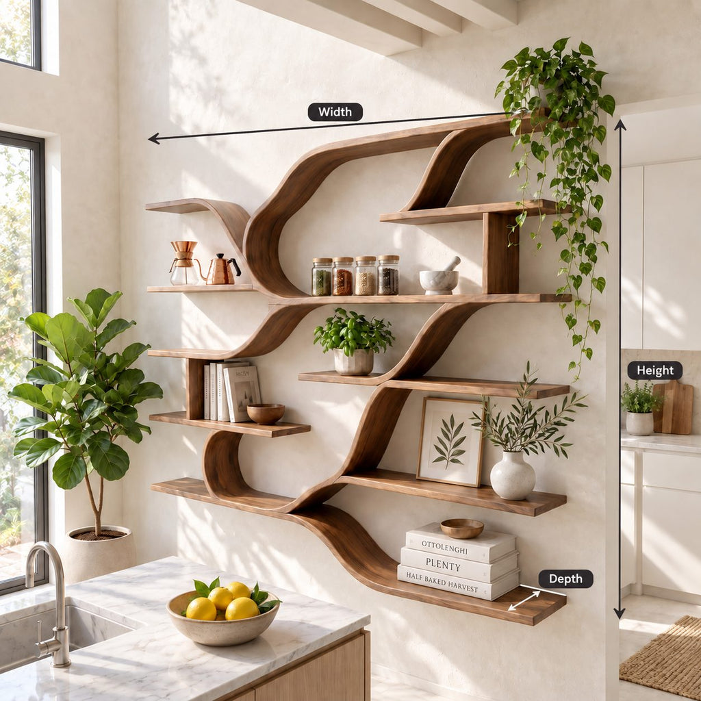 Sweeping Curve Floating Wood Shelves, Farmhouse Solid Wood Multi Tier Wall Shelving Unit for Kitchen