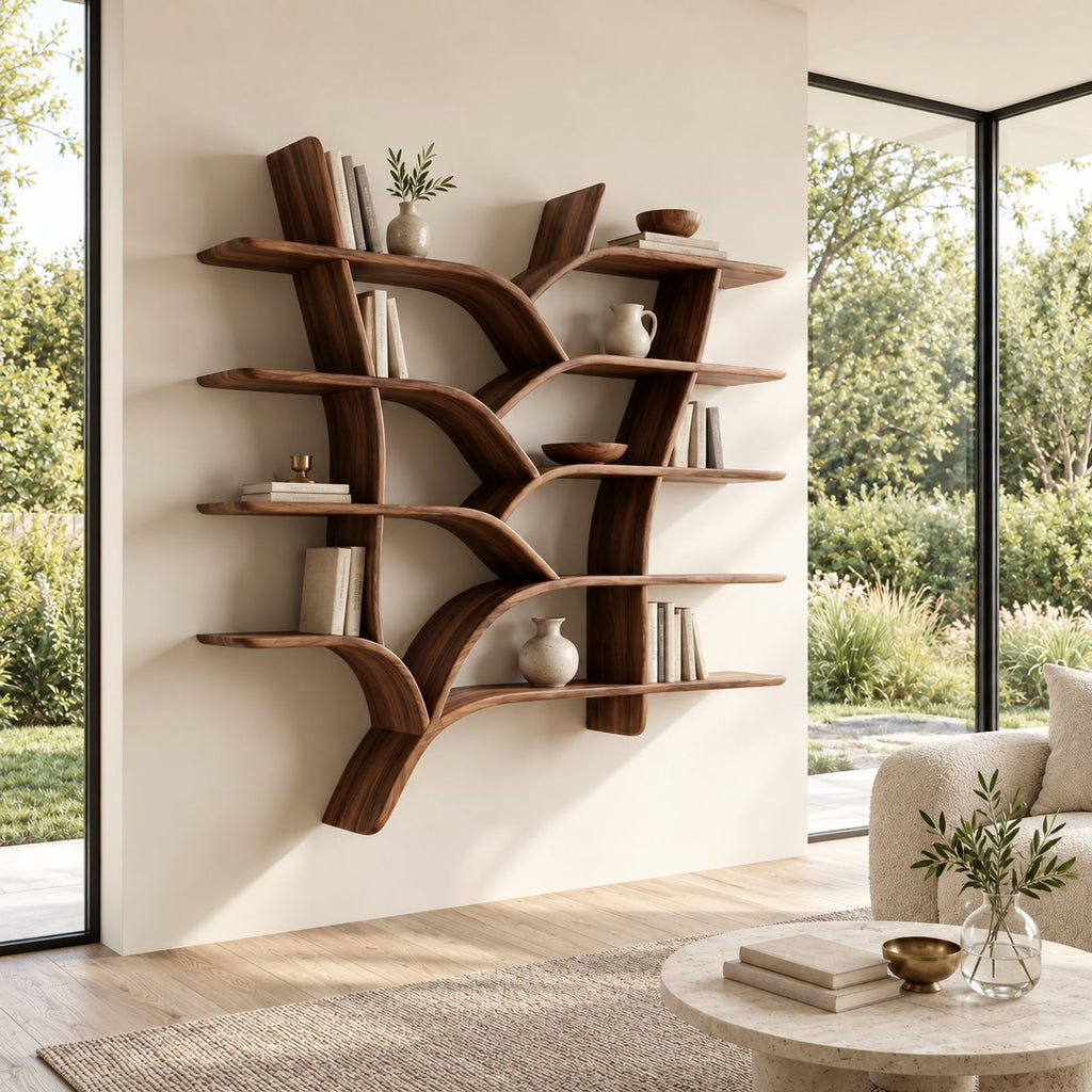 Tree Branch Wall Bookshelf, Floating Solid Wood Tree Shelf with Forked Trunks and Five Tiers of Slab Shelves
